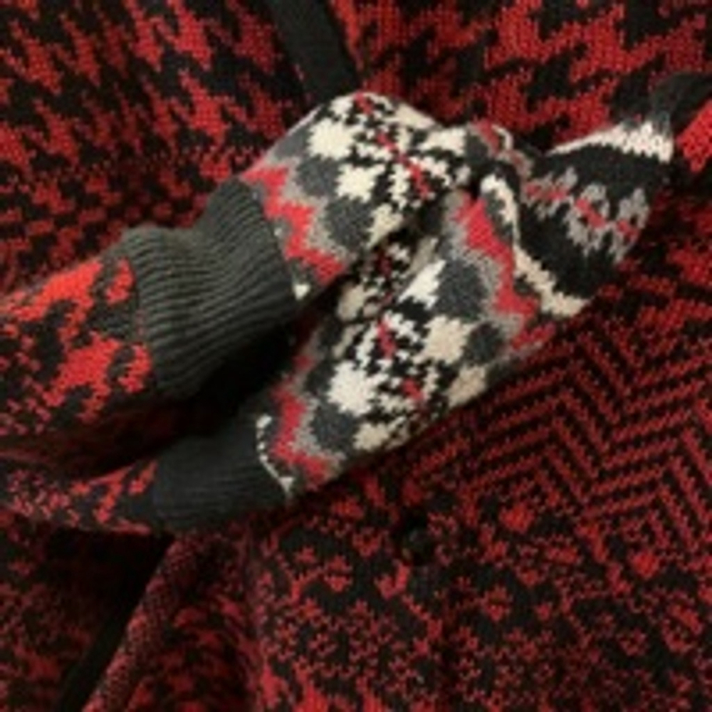 Shari B. Green Collared Cardigan Sweater L Red Black Pockets Vneck Heavy L - Picture 7 of 8